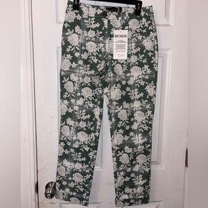 Wildfang Floral Print Green & White Straight Leg Cropped Pants